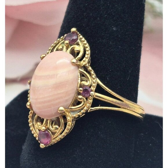 Karis STS Gold Tone Cocktail Ring Pink Center Large Size 11.5 Open Works Purple - Picture 7 of 9